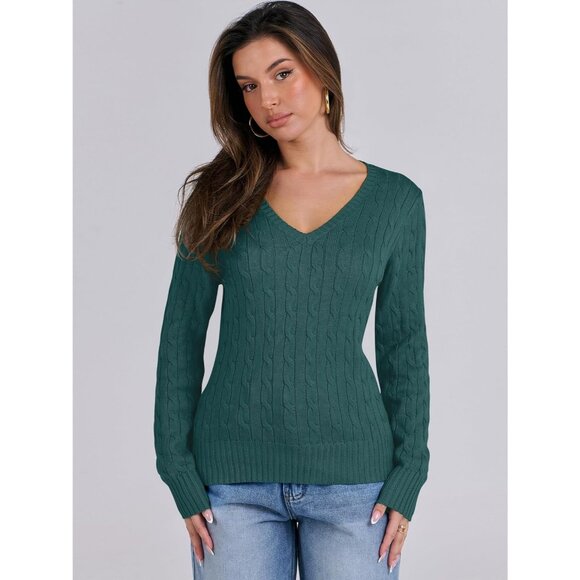 Women Deep Green Pull On Cable Knit Long Sleeve V Neck Fitted Casual Sweater - Picture 3 of 6